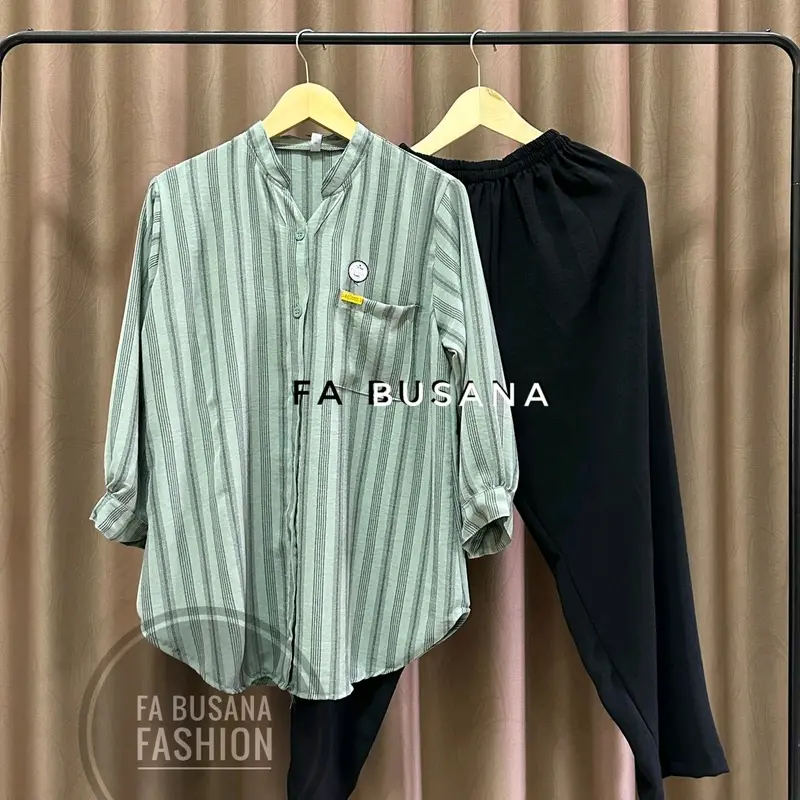 Setelan wanita jumbo bahan crinkle airflow Lembut baju Atasan Kancing depan Celana panjang Karet 2