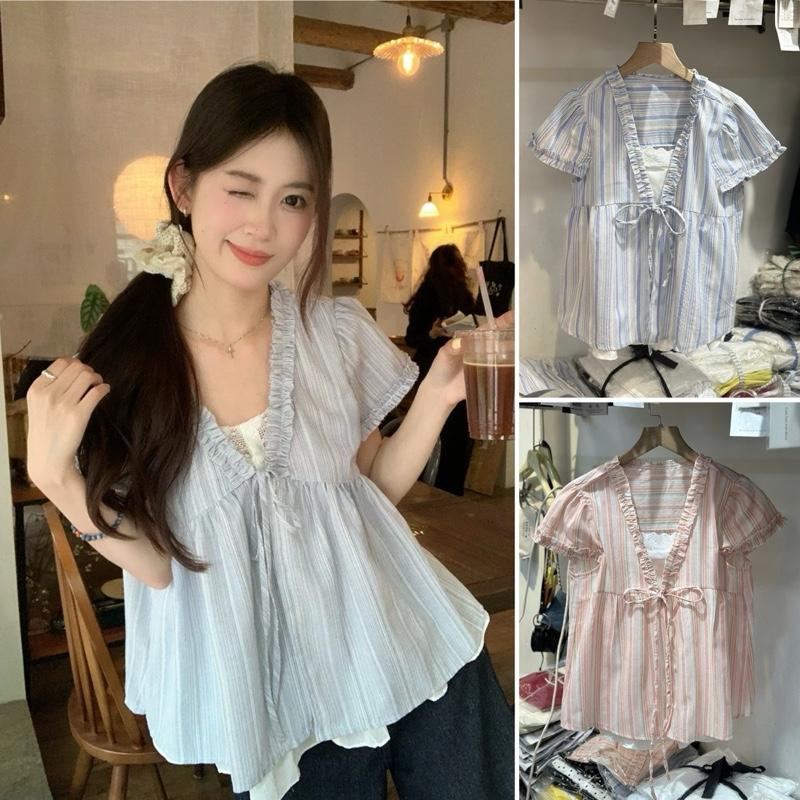 Áo sơ mi kẻ sọc phối layer viền ren tay cộc có dây buộc ngực chất vải linen kẻ sọc by Halinh M304