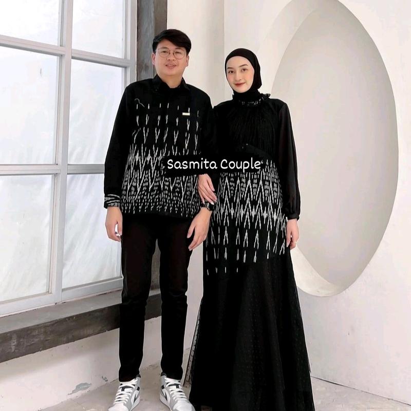 Tenun Outfit Baju Couple Lebaran Model Dress/Gamis & Kemeja Panjang Pasangan Sarimbit Keluarga Muslim Suami Istri Warna Black Hitam Cocok untuk Pesta Kondangan / Lamaran Terbaru 2025 brukat  elegant 1
