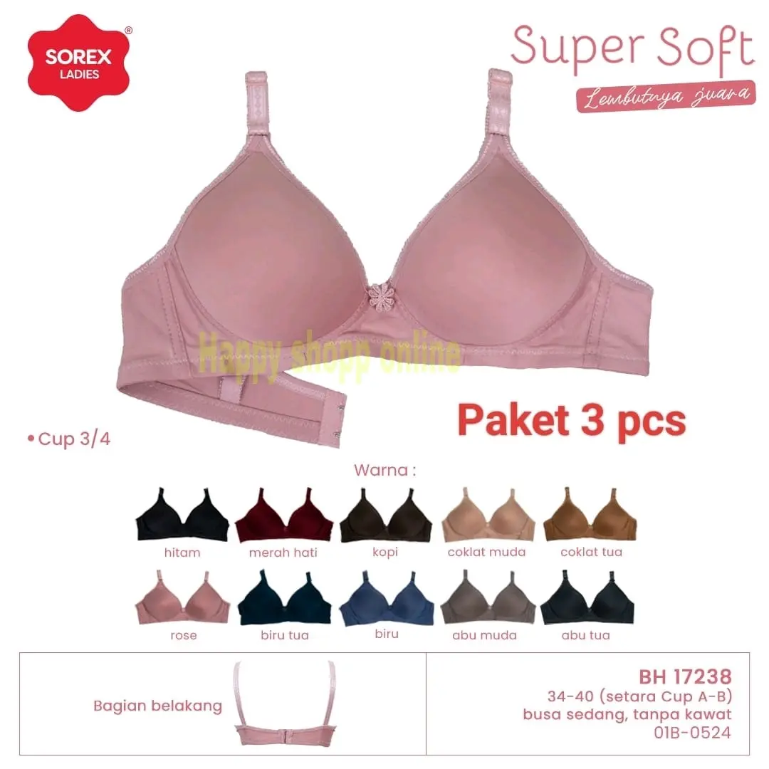 3pcs Bra Sorex 17238 Tanpa Kawat Busa Sedang Kait 2 Cup A-B (Kecil) Super Soft Dewasa Nyaman Bh Wanita Remaja Lembut Katun Harian Kancing