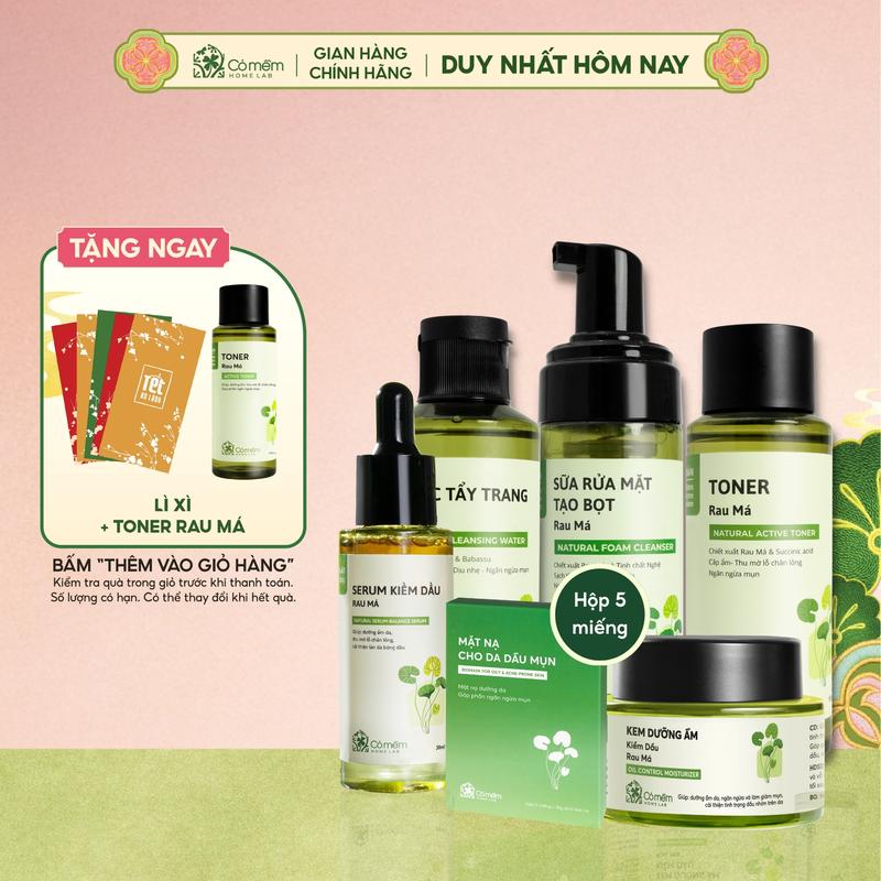   COMBO TẶNG TONER RAU MÁ  Bộ Sản Phẩm Chăm Sóc 6 Sản Phẩm Da Mụn Rau Má Nước Tẩy Trang Sữa Rửa Mặt Toner Serum Kem Dưỡng Mặt Nạ Rau Má Cỏ Mềm 