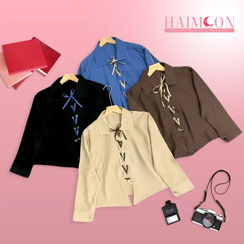 Atasan Wanita Blouse Tali Pita Turkish Linen Korean Style Warna Hitam,biru,moca Baju Kancing Katun Panjang 0