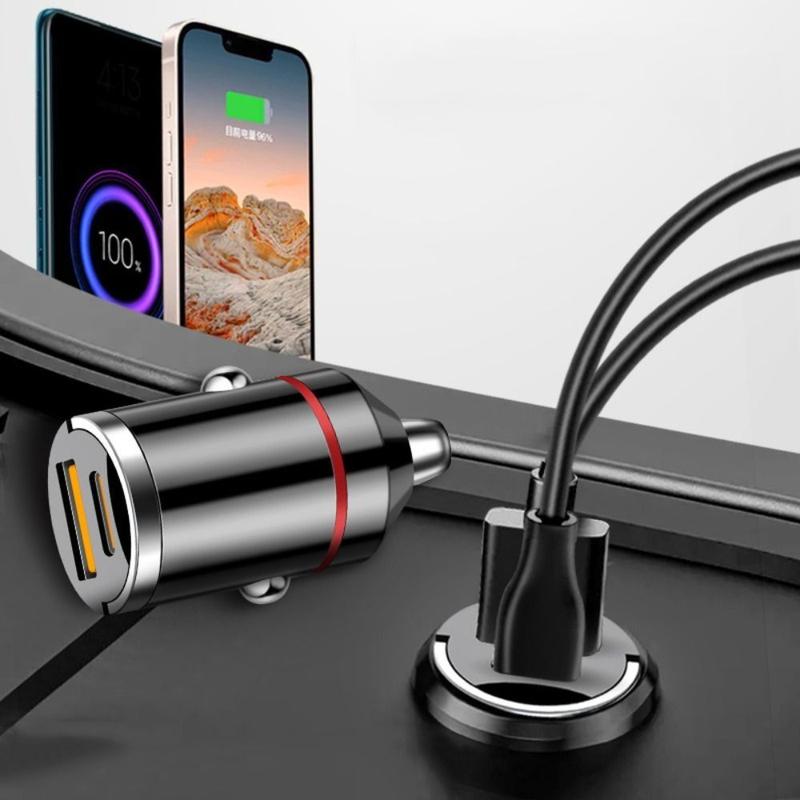 Bộ sạc USB trên ô tô siêu nhanh, Bộ sạc điện thoại trên ô tô, PD30W + QC3.0 Type-C + Bộ Chuyển Đổi bật lửa USB-A / USB-C 100W, Hợp kim nhôm siêu nhanh, Thích hợp để sử dụng trên ô tô