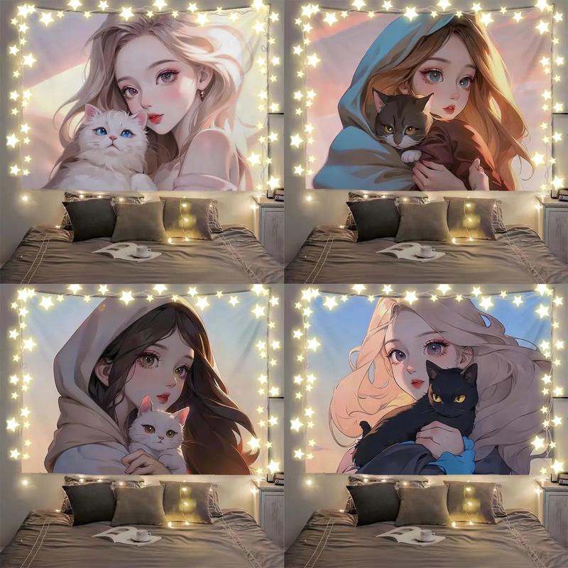 Tranh Vải Decor Anime Cô Gái Và Chú Mèo Chữa Lành Siêu Đẹp Tặng Kèm Phụ Kiện Đèn Led