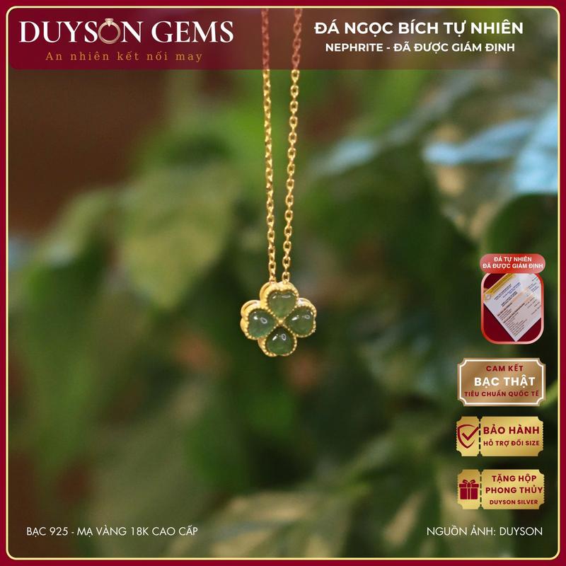 Dây chuyền cỏ 4 lá đính ngọc bích tự nhiên Jade Type A dây chuyền bạc 925 mạ vàng 18k Duyson Silver