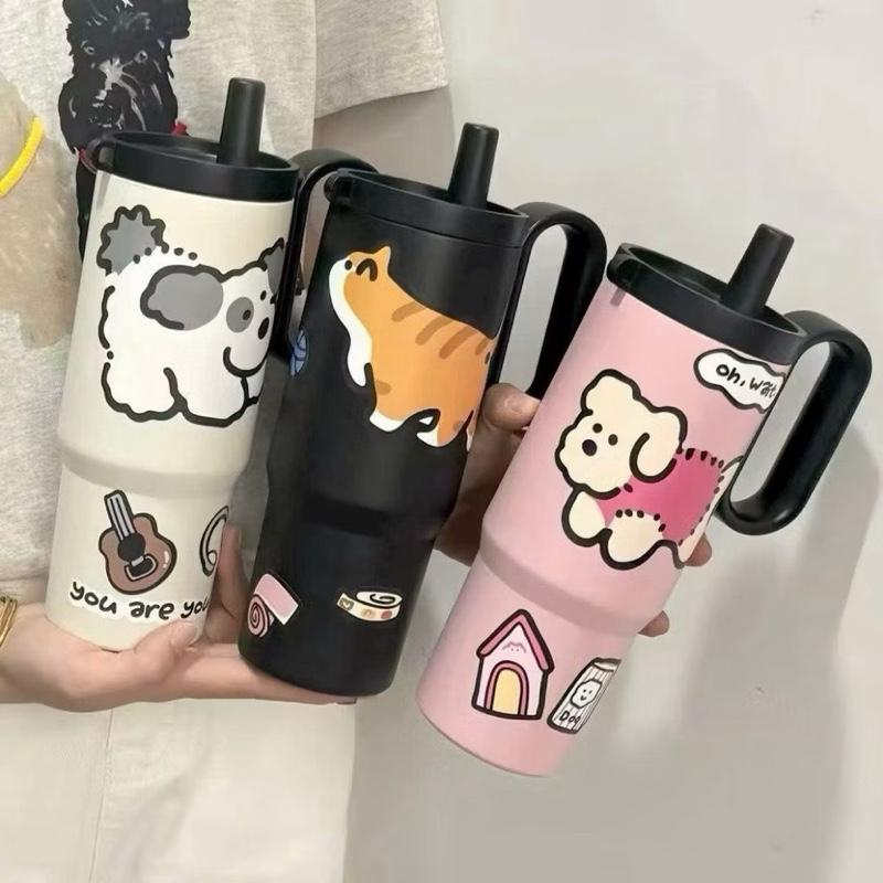 Ly Giữ Nhiệt 750ML Cao Cấp Tặng Kèm Ống Hút Bình Giữ Nhiệt Sticker Cún Dán Cute Cốc Giữ Nhiệt Có Tay Cầm Tiện Dụng