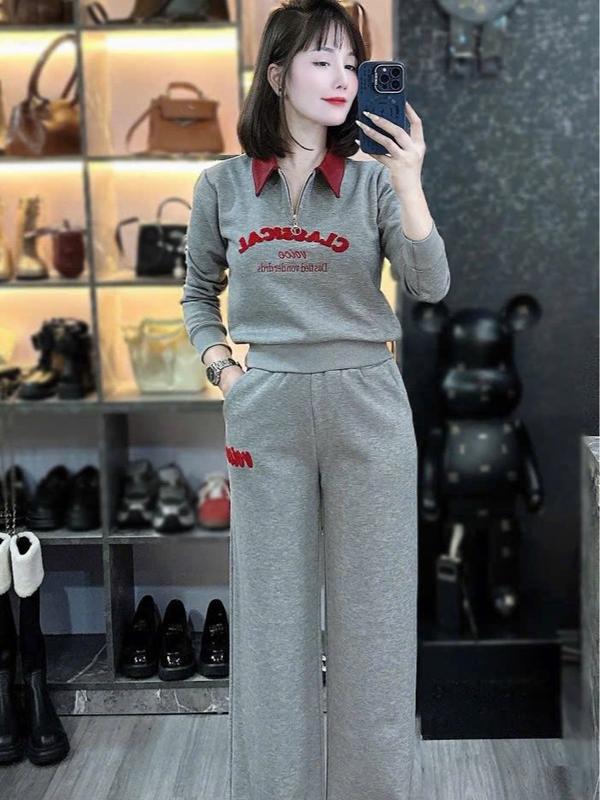 Sét Bộ Nỉ Nữ Chữ In Dập Nổi Phối Cổ Đỏ Nỉ Xám Áo Quần Chun Size S-XXL Sang Chảnh S884 Chất Liệu Cao Cấp Phù Hợp Đi Làm Đi Chơi Dạo Phố
