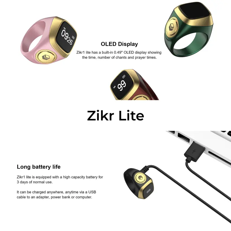 iQibla Zikr Ring Lite E01 Cincin Tasbih Digital Hitung Zikir Harian Muslim Modern Baterai Tahan Lama Cincin Zikir Bonus Adaptor Black Gray 4