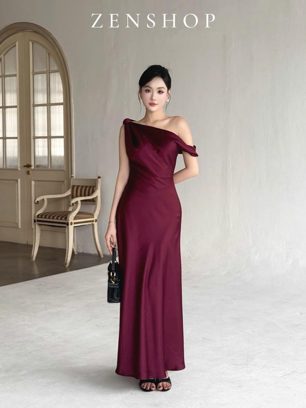 Đầm lụa lệch vai tay rớt nhún hông sang chảnh chất lụa Tô Châu cao cấp - Lisa dress