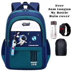 AMIRA.BAGS Tas Sekolah Anak SD SMP SMA Stylish Simpel Multifungsi Desain Astronot Karakter Kartun Kekinian Backpack Biru Merah Murah Besar Kantong Samping Polos Free Jam Tangan My Bottle Rain Cover - Fashion