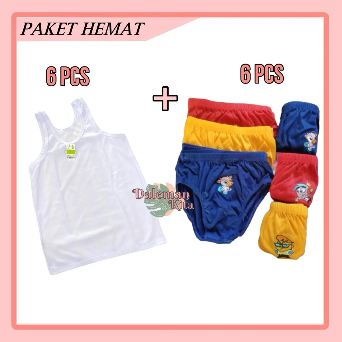 PAKET HEMAT 6pcs singlet salur putih + 6pcs CD polos bordir | paket daleman anak cowok murah