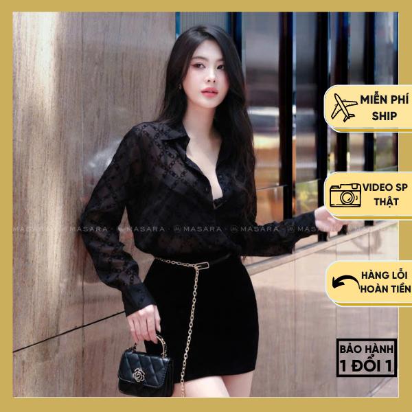 Áo Sơ Mi Nữ Dài Tay Đen Lụa Voan Nhung Hoạ Tiết Sọc Chéo