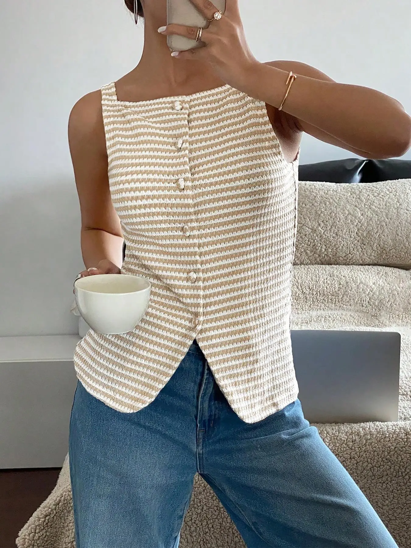 Women's Striped Print Button Tank Top, Casual Sleeveless Tank Top for Spring & Fall, Ladies Clothes for Daily Wear
