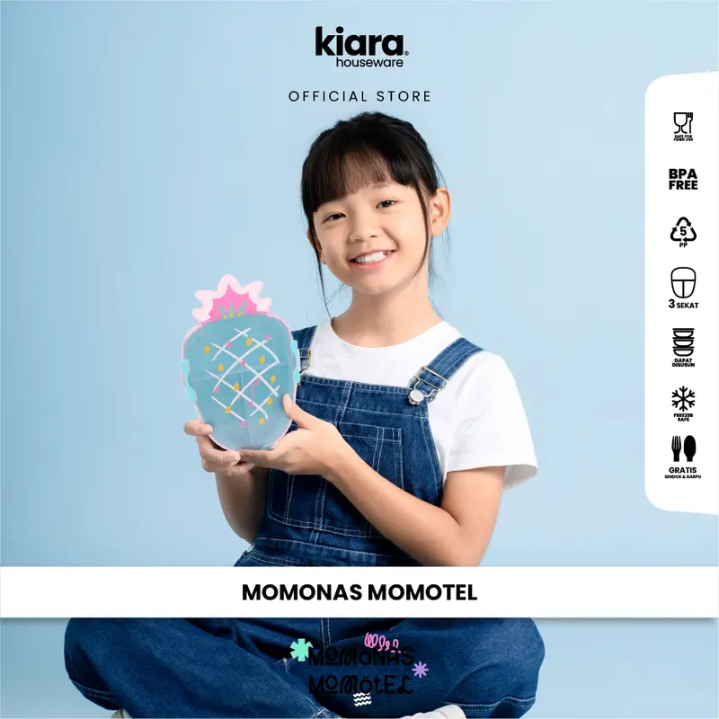 Kiara Lunch Box Momotel & Momonas Kotak Makan Kotak Bekal Anak Sekolah Karakter Lucu Gratis Sendok Garpu 100% BPA Free dan Food Grade Plastik Nanas 3