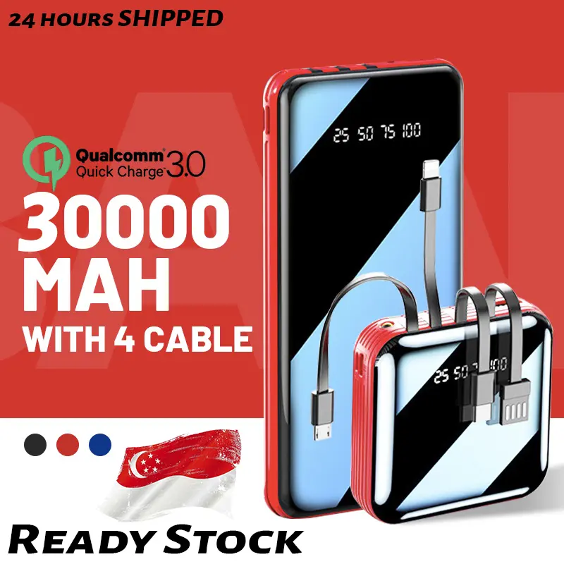 [READY STOCK] 4 Cables Full Capacity Mini Powerbank Dual USB Portable Fast Charging Digital Display Power Bank Slim Battery