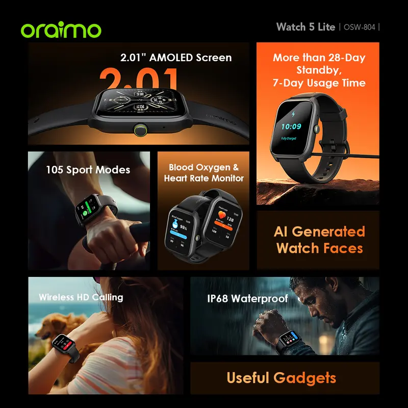 oraimo Watch 5 Lite Smartwatch [OSW-804] Layar 2.01'' Bluetooth Tahan Lama Tahan Air Debu Layar Monitor Amoled 100+ Mode Olahraga Large Screen Wireless Call Long Battery Life IP68 Waterproof asdf 6