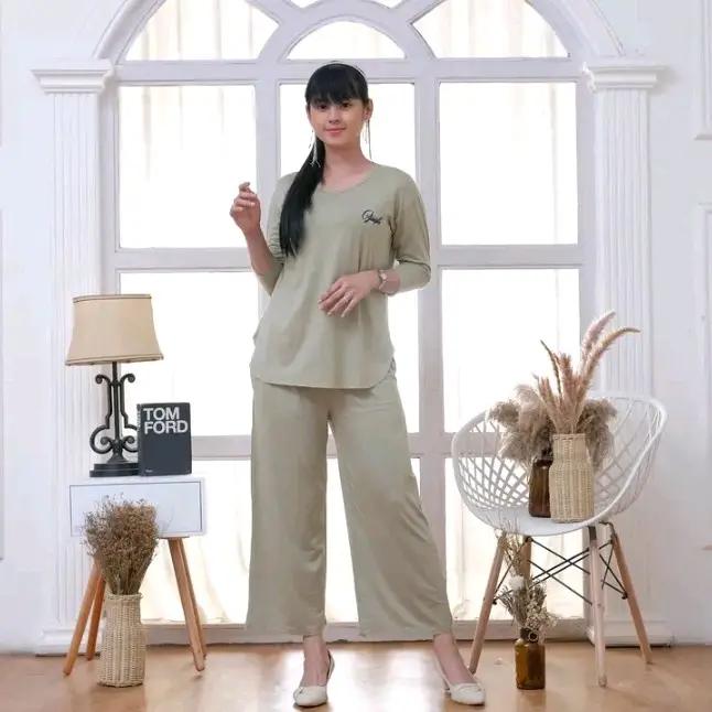 setelan kaos wanita setcel spandek premium lengan 7/8 one set murah terbaru atasan baju oversize belah samping celana panjang dewasa jalan soft pink baju wanita 5