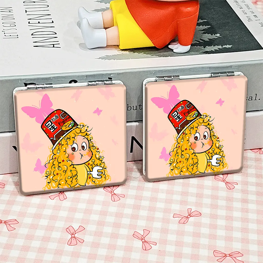 Portable Foldable Makeup Mirror, Cartoon GirlInstant Noodle HatButterflies Pattern, Mini Hand Cosmetic Mirror, Student Pocket Mirror, Trendy Compact Mirror, Cute, Double Sided Mirror, Non-Slip Handheld