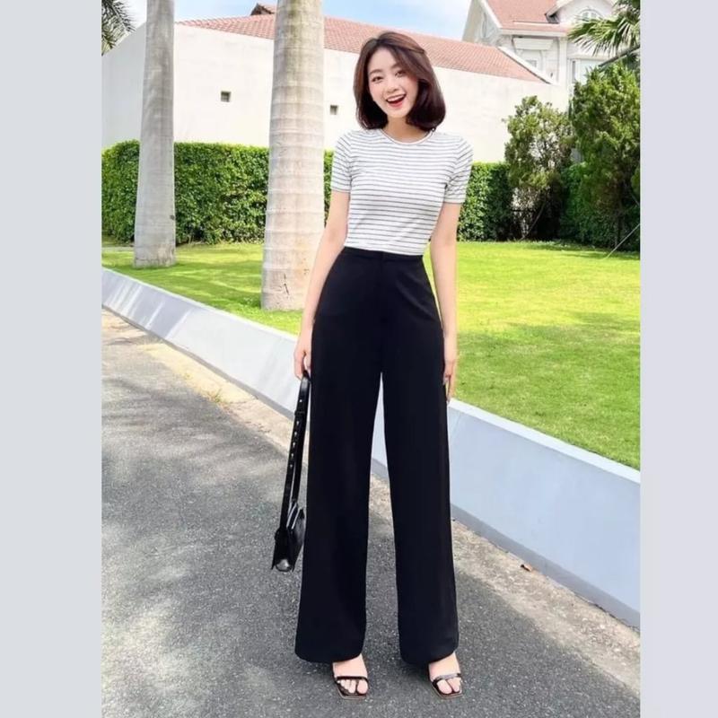 Quần ống suông nữ cạp cao culottes khoá sườn dáng dài vải tuyết mưa