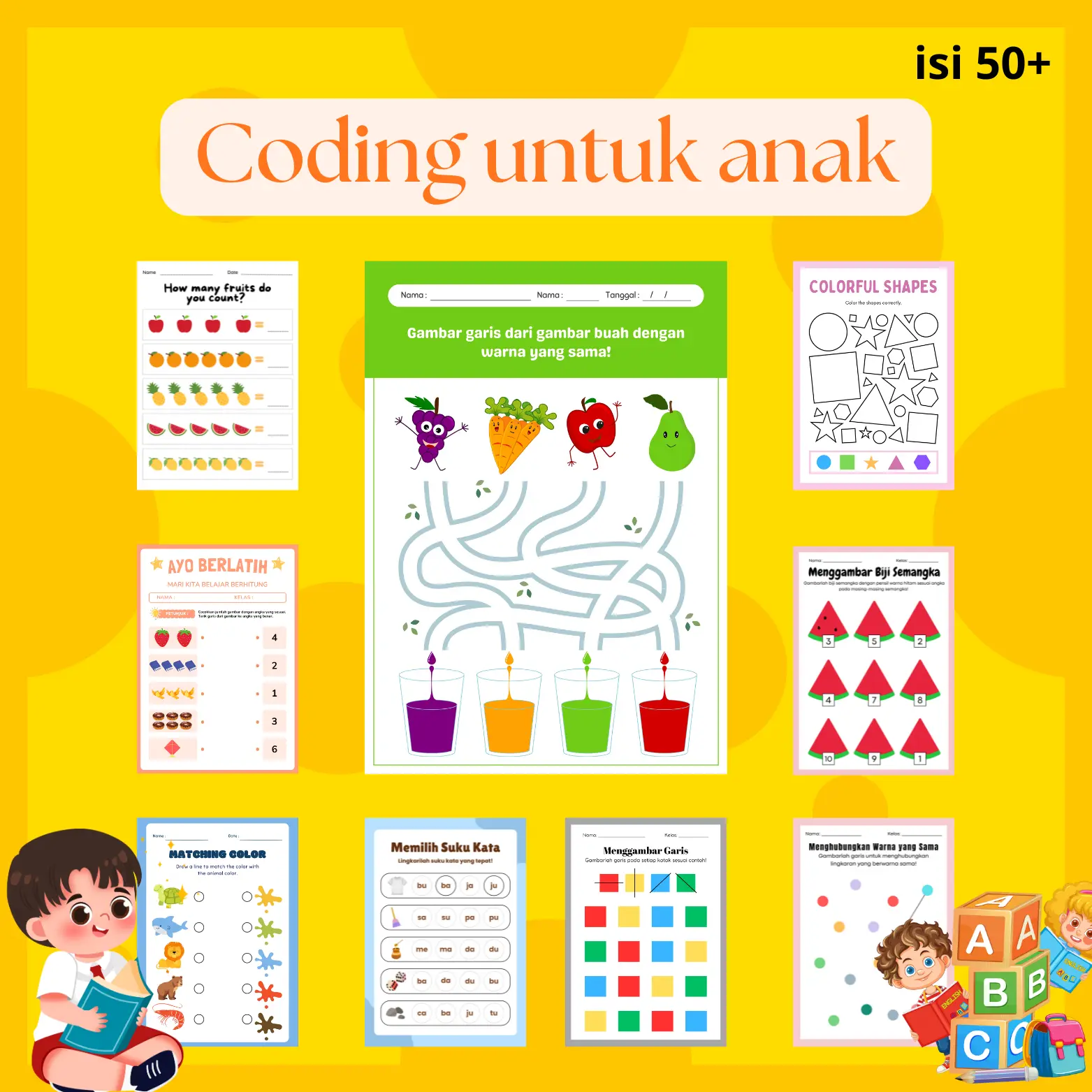 Lembar Aktivitas isi 50 CODING ANAK PAUD TK SD Lembar Mewarnai Worksheet Mainan Stimulasi Belajar Anak Interaktif dan Menyenangkan