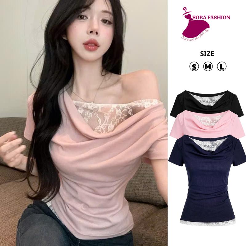   HÀNG HÈ XẢ KHO   Áo Kiểu Nữ Cổ Đổ Phối Ren Tiểu Thư Điệu Đà Sora Fashion Áo Thun Trễ Vai Chất Liệu Thun Tăm Thoáng Mát 218 