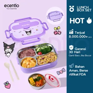 Ecentio Seri Sanrio Resmi Kuromi & My Melody Kotak Bekal Stainless Steel 4 Sekat 1000ml Lunch Box Bento Kapasitas Besar Anti Bocor Portable Untuk Sekolah & Kerja Dilengkapi Garpu Sendok