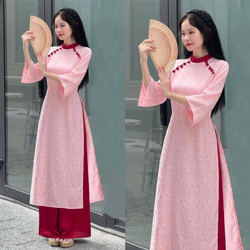  Áo Dài Nữ Thiết Kế EMME V1946 Lụa Form Suông Hoa Văn Đính 2 Hàng Cúc Tay Lửng Cổ Đứng Cách Điệu    Kèm Quần     02  
