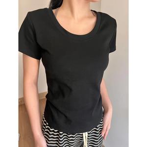 Women's Summer Fashion U-Neck Short Sleeve T-Shirt, Pure Cotton Slim Fit Low Round Neck Top, New Basic Casual Wear 1218# office outfit women croptop clothing leotards bagong 2025 Lingerie Womenswear Crewneck Fitted Grey Minimalist Streetwear