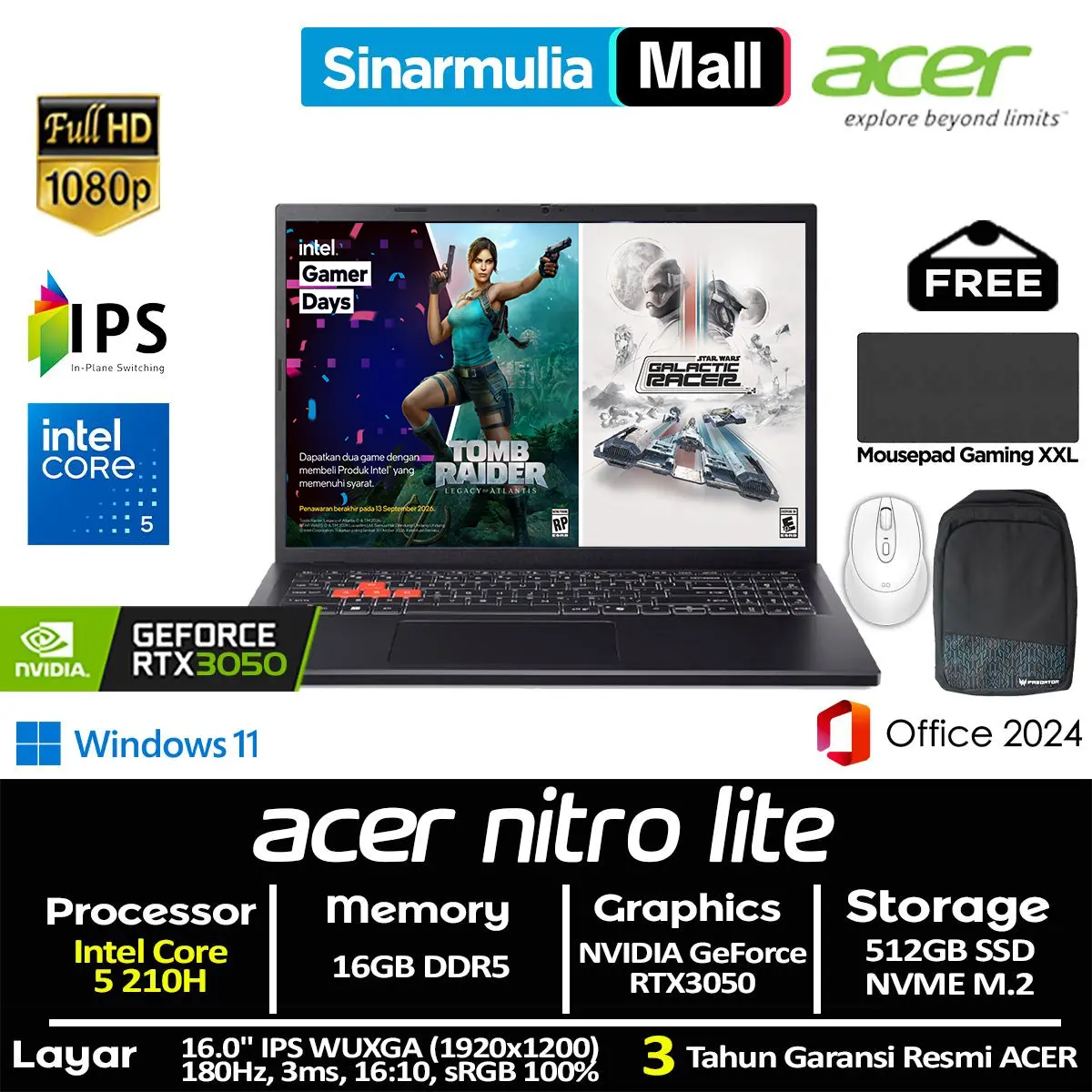 ACER Nitro Lite 16 Core 5 210H RTX3050 512GB SSD 16GB WUXGA IPS 180Hz 3ms 100%sRGB Win11+OHS