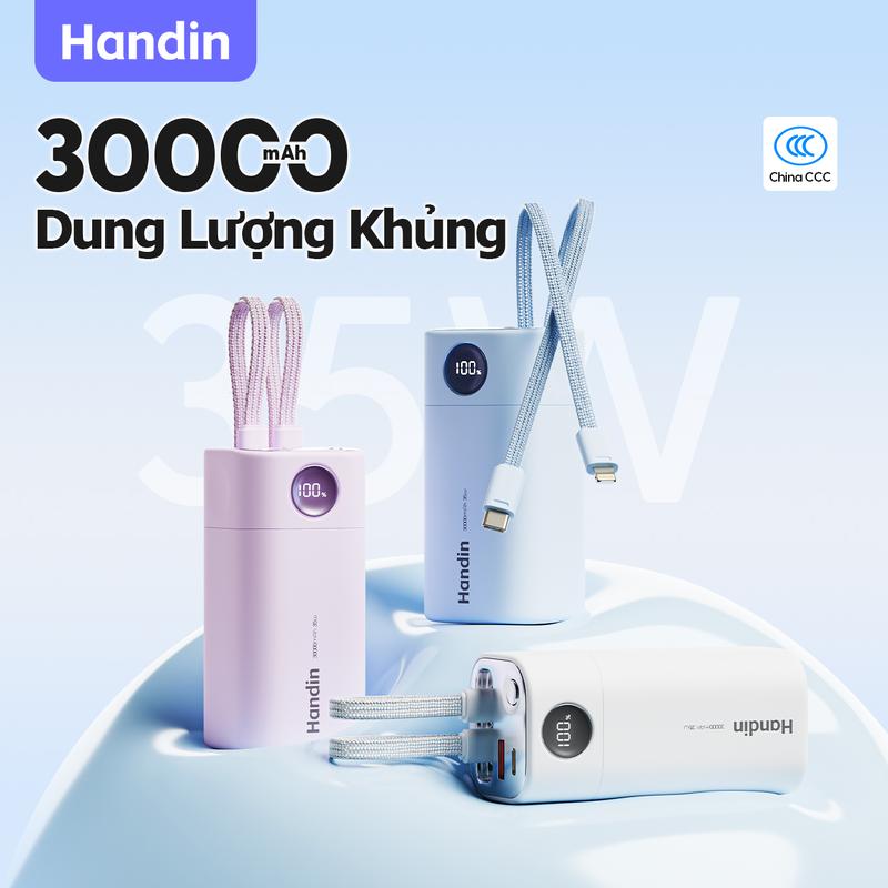 Handin sạc dự phòng 20000/30000mAh 35W | cáp kép Type-C & Lightning | màn hình kỹ thuật số nhỏ gọn chuẩn CCC/CE