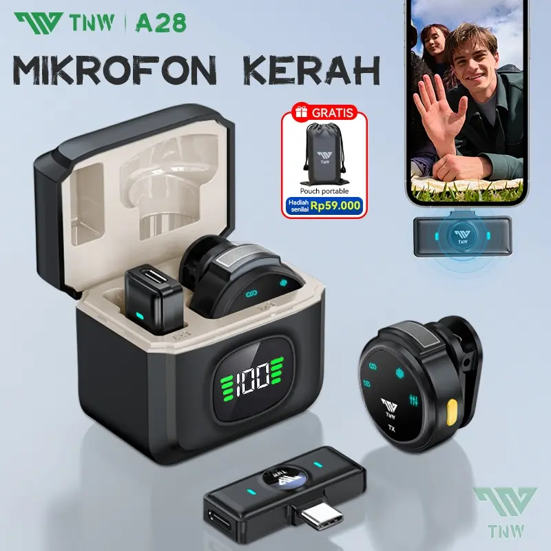 TNW A28 Wireless Microphone Magnetic Clip On Mic Lavalier Microphone HP Plug & Play Nirkabel Mikrofon With Charging Case