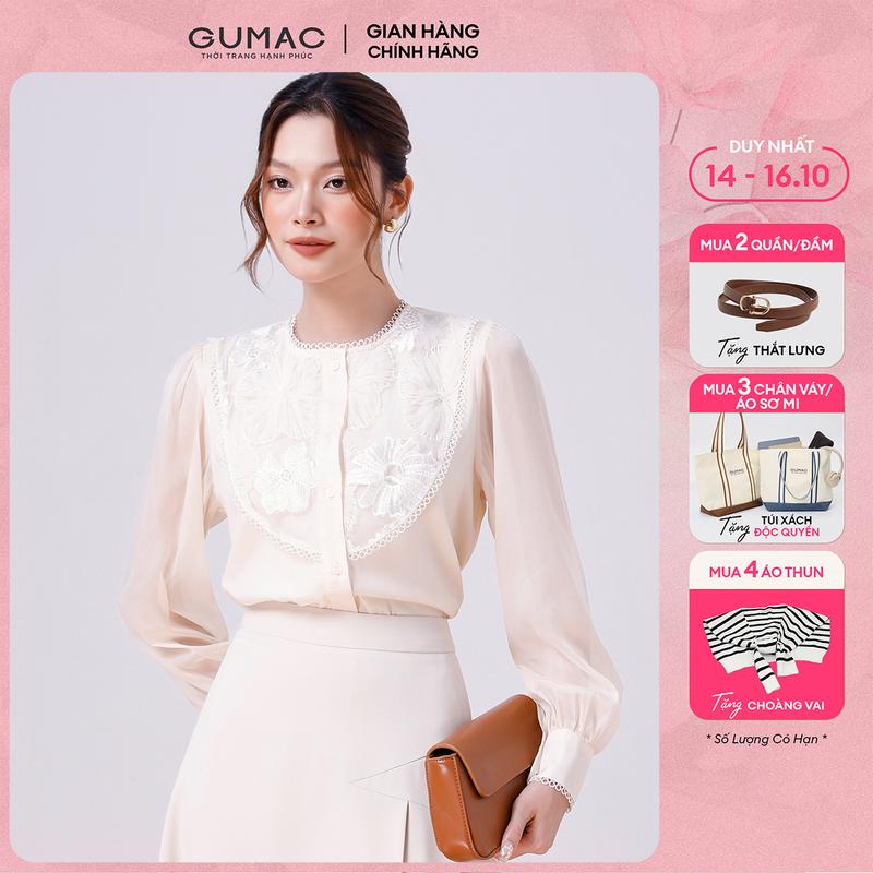 [MUA 3 TẶNG TÚI XÁCH] Áo sơ mi nữ tay dài kiểu voan tơ phối ren nữ tính công sở thanh lịch thời trang GUMAC LAF0901