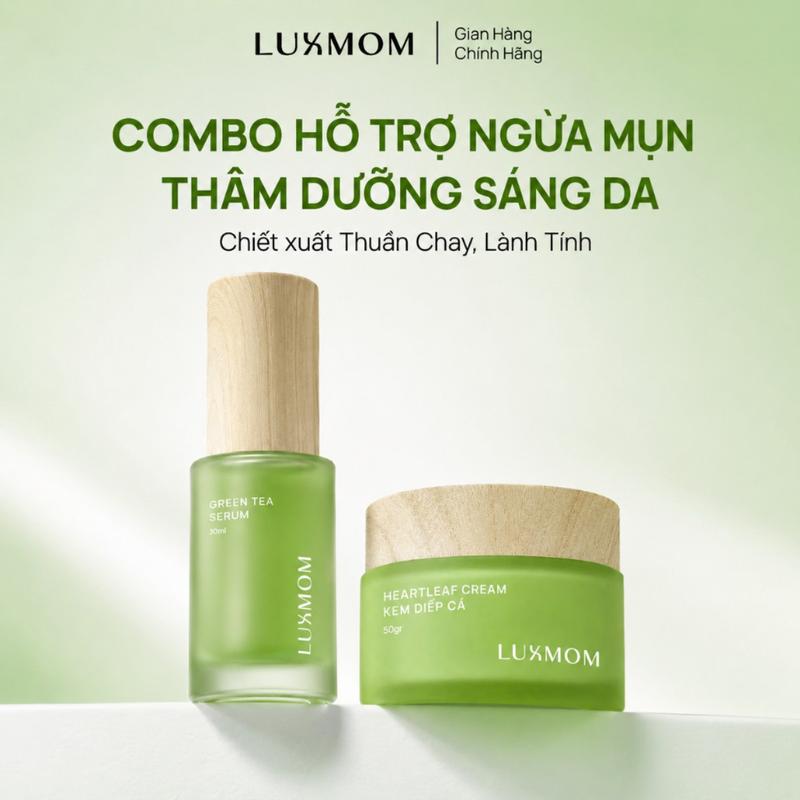 Combo Kem Diếp Cá Luxmom 50G + Serum Trà Xanh Green Tea Serum 30ML Hỗ Trợ Mờ Thâm Mụn Dưỡng Da
