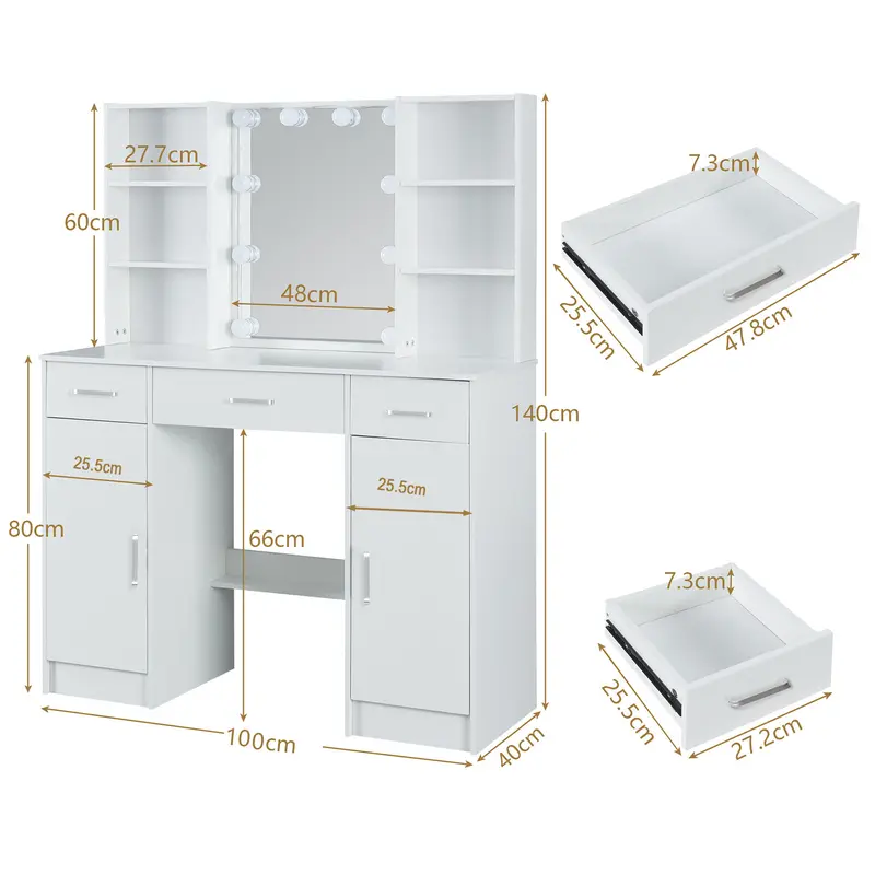 White Dressing Table with Adjustable LED Lights Mirror 3 Color Temperatures Vanity Desk with 3 Drawers and 2 Cabinets Large Makeup Desk Bedroom Dresser 1