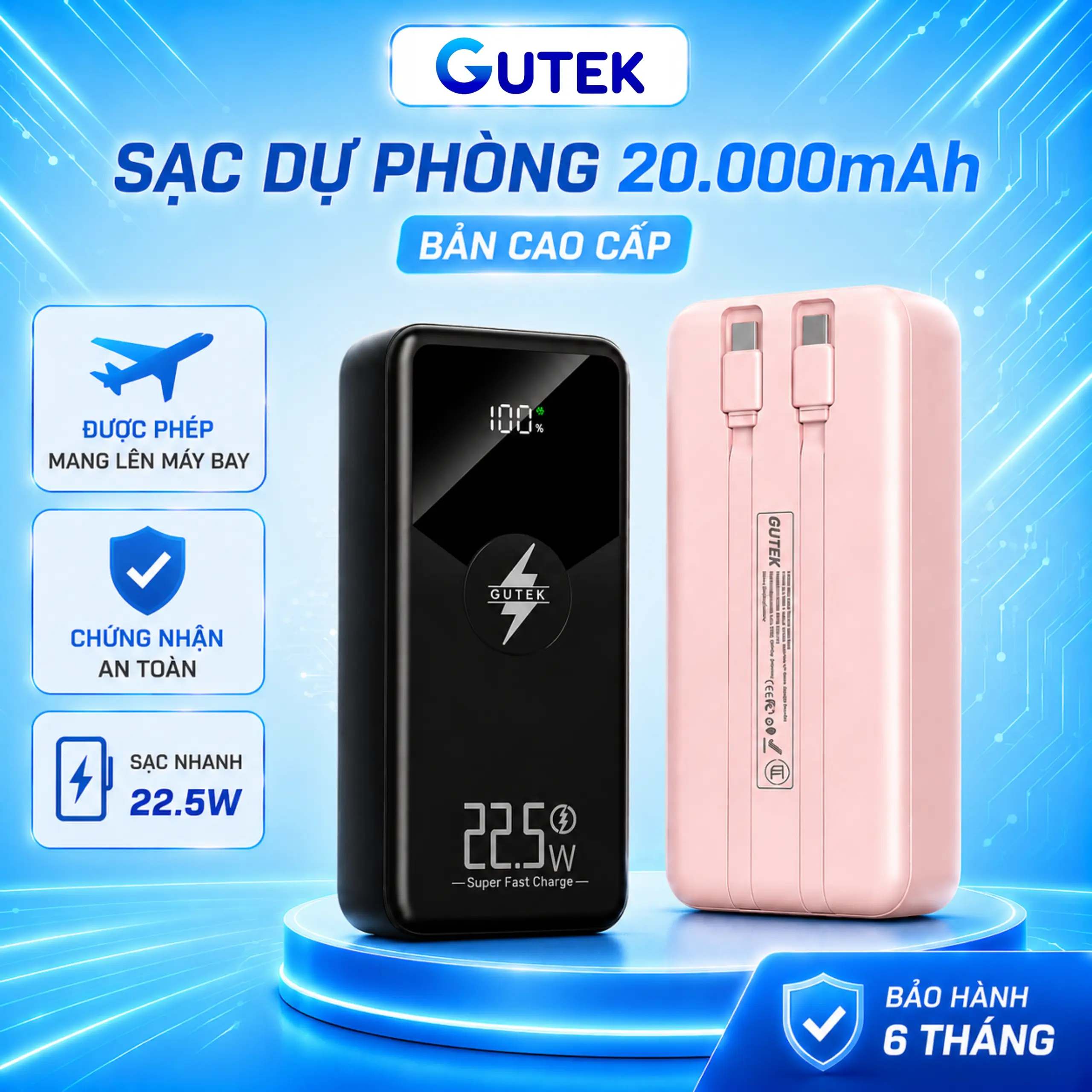 [Tặng sạc 3 đầu] Pin sạc dự phòng 20000mAh sạc nhanh 22,5W tích hợp dây cáp - Gutek GT229