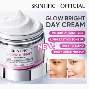 【New】SKINTIFIC – Glow Bright Day Cream 30g– Tone Up Moisturizer untuk Wajah & Leher – Brightening Whitening Lazy Cream Foundation Look – Quick Makeup Day & Night Facial Moisturizer dengan 2% Niacinamide, Panthenol & Adenosine