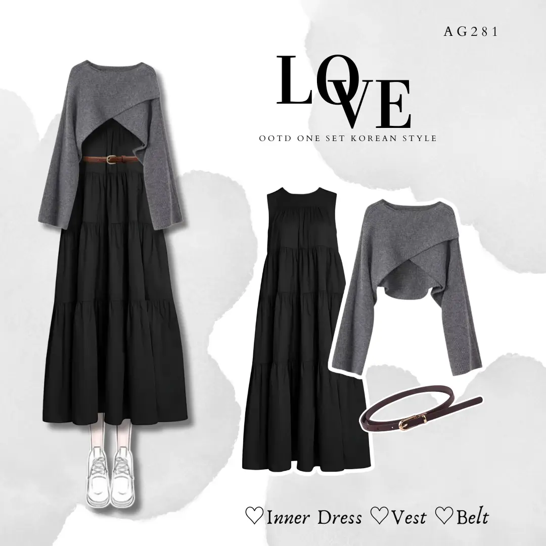 Old Money Outfit Korean Style Terbaru | Vest Silang + Inner Dress + Belt | SET AG281