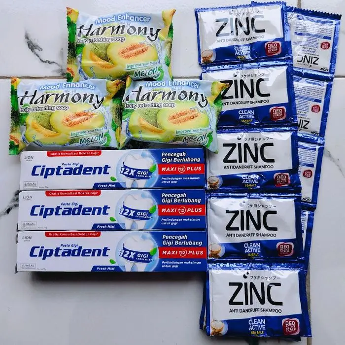 PROMO PAKET LENGKAP MANDI (3 SABUN HARMONI + 3 PASTA GIGI CIPTADENT 75GR + 24PCS SHAMPO ZINC)