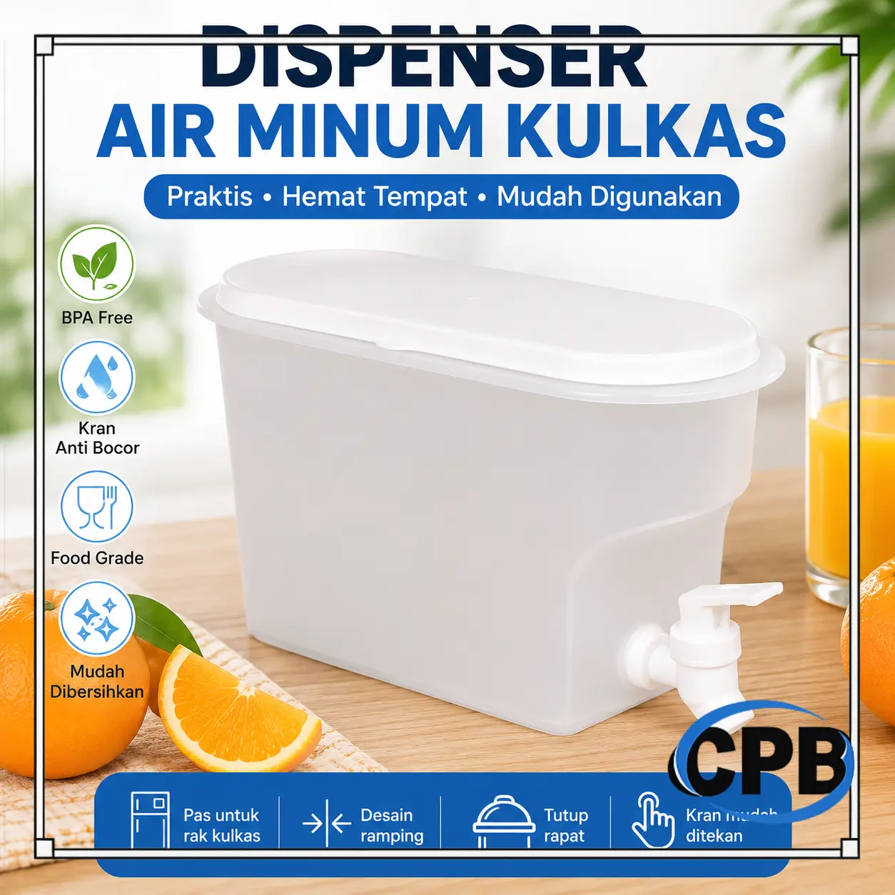 Dispenser Air Minum Jus Juice Botol Minum Galon Kulkas Water Tank Tempat Minum Besar 2L Putih Multifungsi dengan Kran & Tutup Higienis Cocok untuk Rumah dan Acara