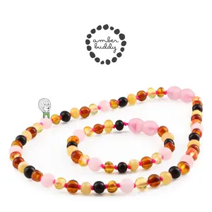 Amber Buddy | LE459 Kalung & Gelang Bayi Baltic Amber kombinasi Rose Quartz. 32cm & 14cm