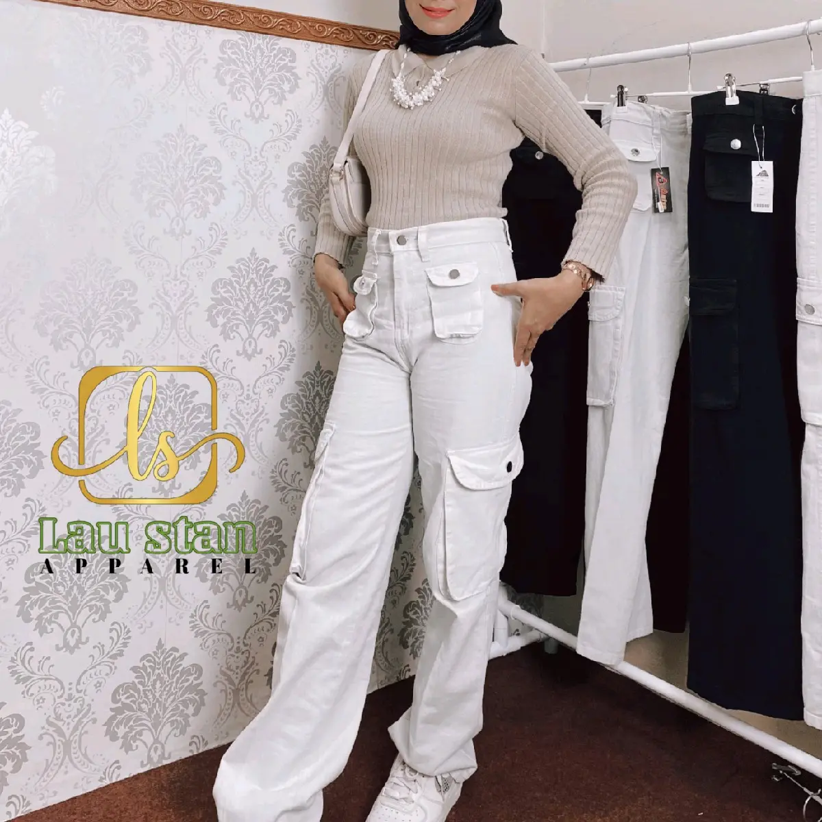 Celana Jeans Cargo Wanita Korea Highwaist Pasir Putih Hitam - Nyaman - Cewek, Panjang