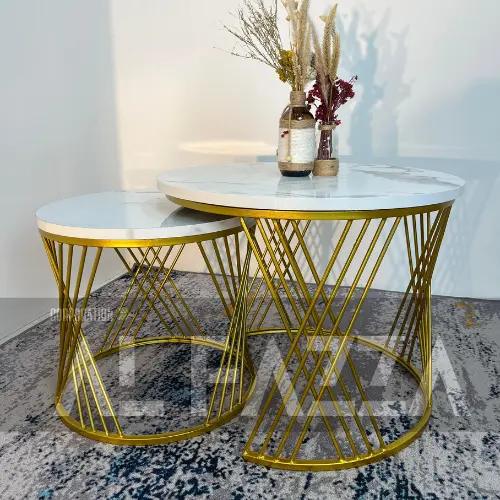 Meja tamu set SILANG aesthetic motif marmer, Meja ruang tamu bulat minimalis set aesthetic Furniture Besi Table