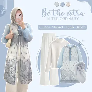 Setelan Lebaran Remaja Terbaru ( Manset Panjang  - Atasan Tunik Brokat - Celana Kulot - Jilbab ) OOTD Blue Outfit Wanita HO183N