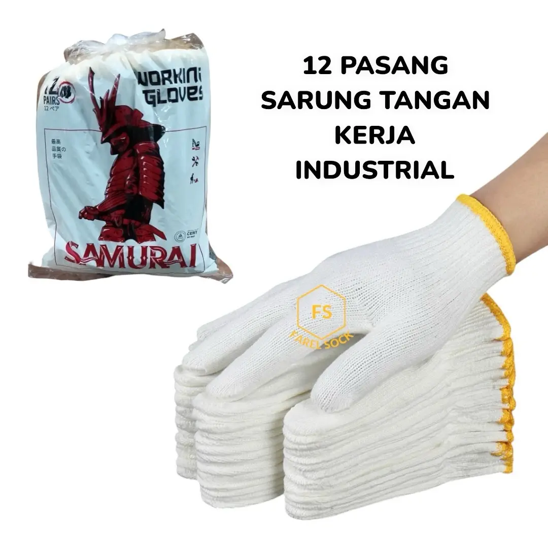 Paket 12 Pasang Sarung Tangan Kerja Industrial Putih List Kuning
