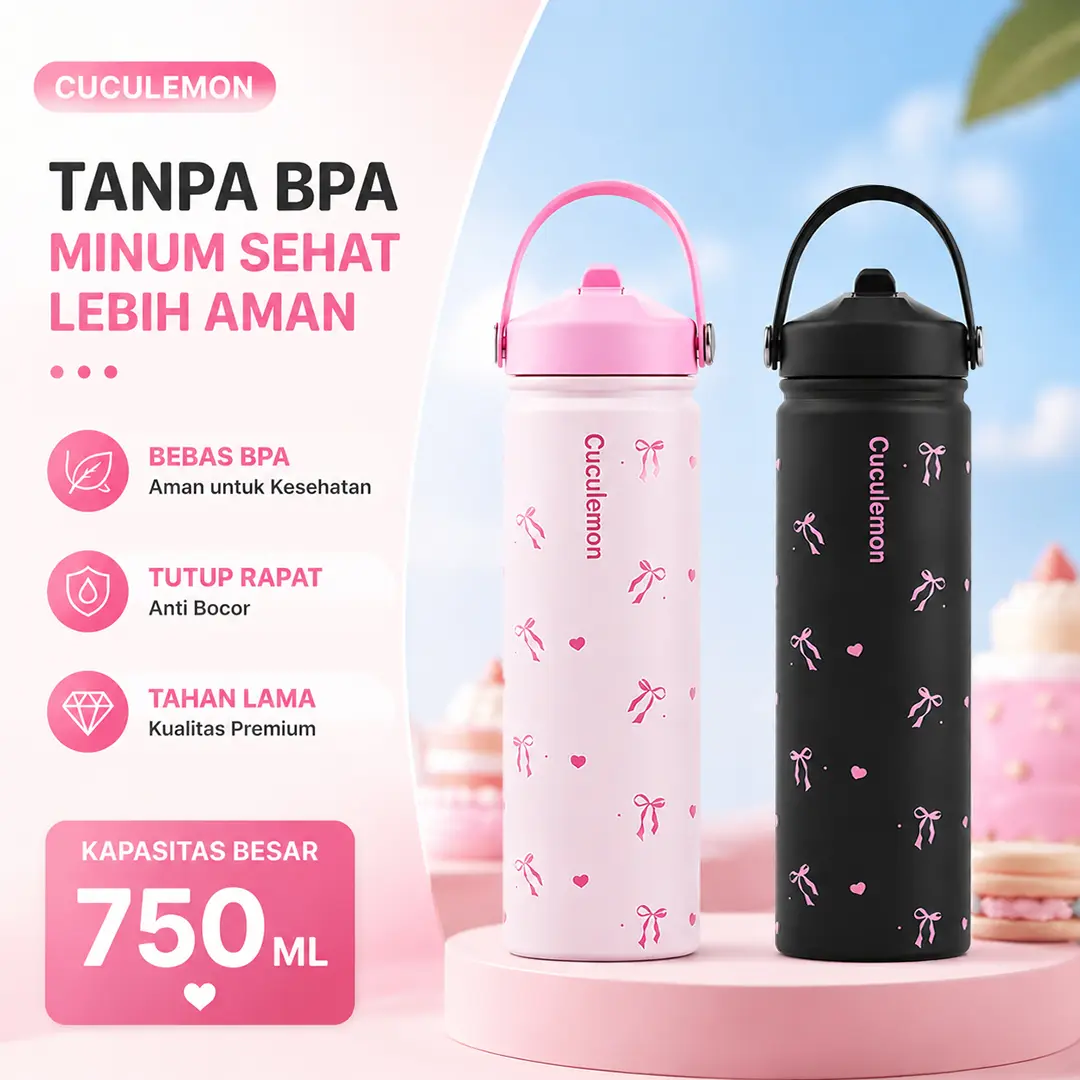 Cuculemon Botol Minum 1000ML Tumbler Aesthetic Motif Pita Mawar Pink Portable Termos Stainless Vacuum Tahan Panas Dingin 24 Jam