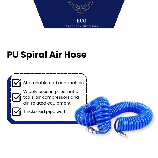 Eco Hardware & Necessary High Quality PU Air Hose Flexible Spiral Recoil Air Pipe Polyurethane Pneumatic Spring Tube for Compressor Air Tool 8mm x 5mm Portable