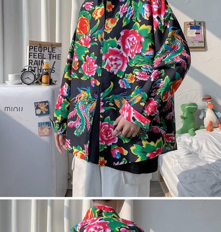 Product Introduction of Men's and Women's Neutral Chinese Style Northeast Big Flower Short-Sleeved Shirt Shirt Coat Ethnic Style Ancient Chinese Clothing Team Uniform 2