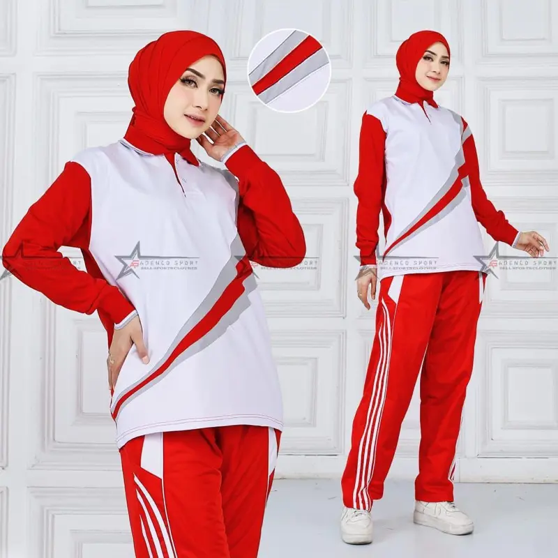 YOVIS Setelan Olahraga Wanita Merah Putih Desain Modern Nyaman untuk Aktivitas Sehari-hari dengan Detail Garis Putih Outdoor Sport