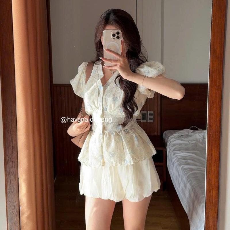 HAVANA CÓ BIGSIZE - Áo SIONA Dáng babydoll cổ tim in hoa pastel phối dây cột thắt nơ AO646