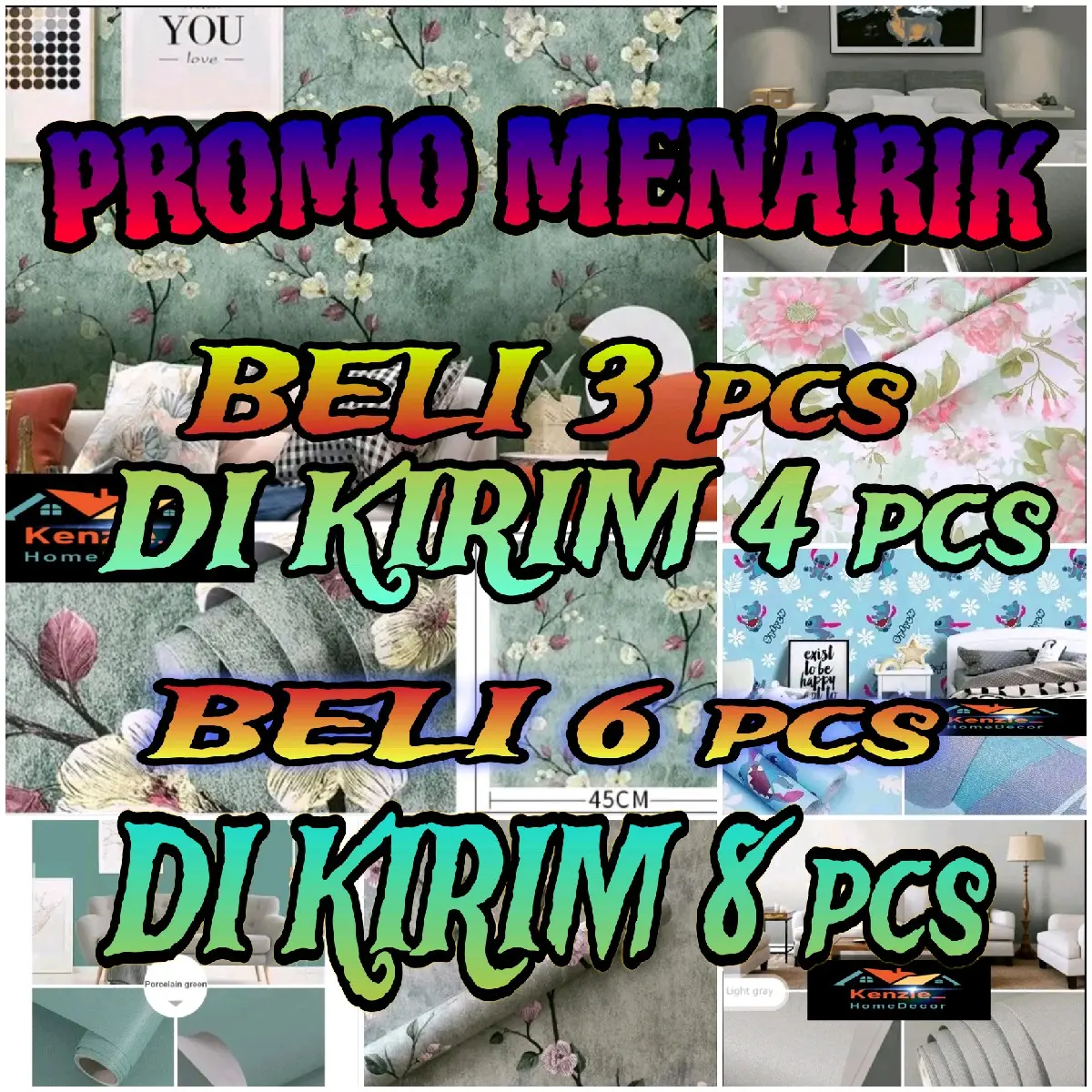 PROMO MENARIK BELI 3 Roll DIKIRIM 4 Roll, Wallpaper dinding polos abu,motif karakter anak,doraemon mickeymouse spiderman tayo,  wallpaper anak  kertas pvc anti cipratan air